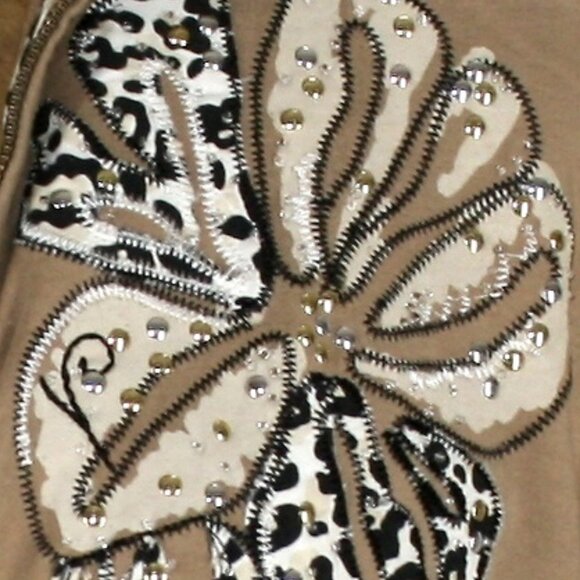 JM COLLECTION Sweatshirt Front Zip Animal Print Floral Embellished Studs Tan M - Picture 7 of 14